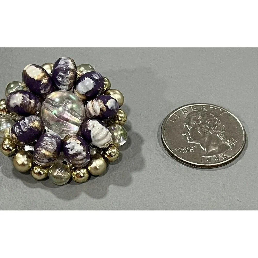 Vintage Purple Gold Beaded Cluster Clip-On Earrings Iridescent Acrylic Statement